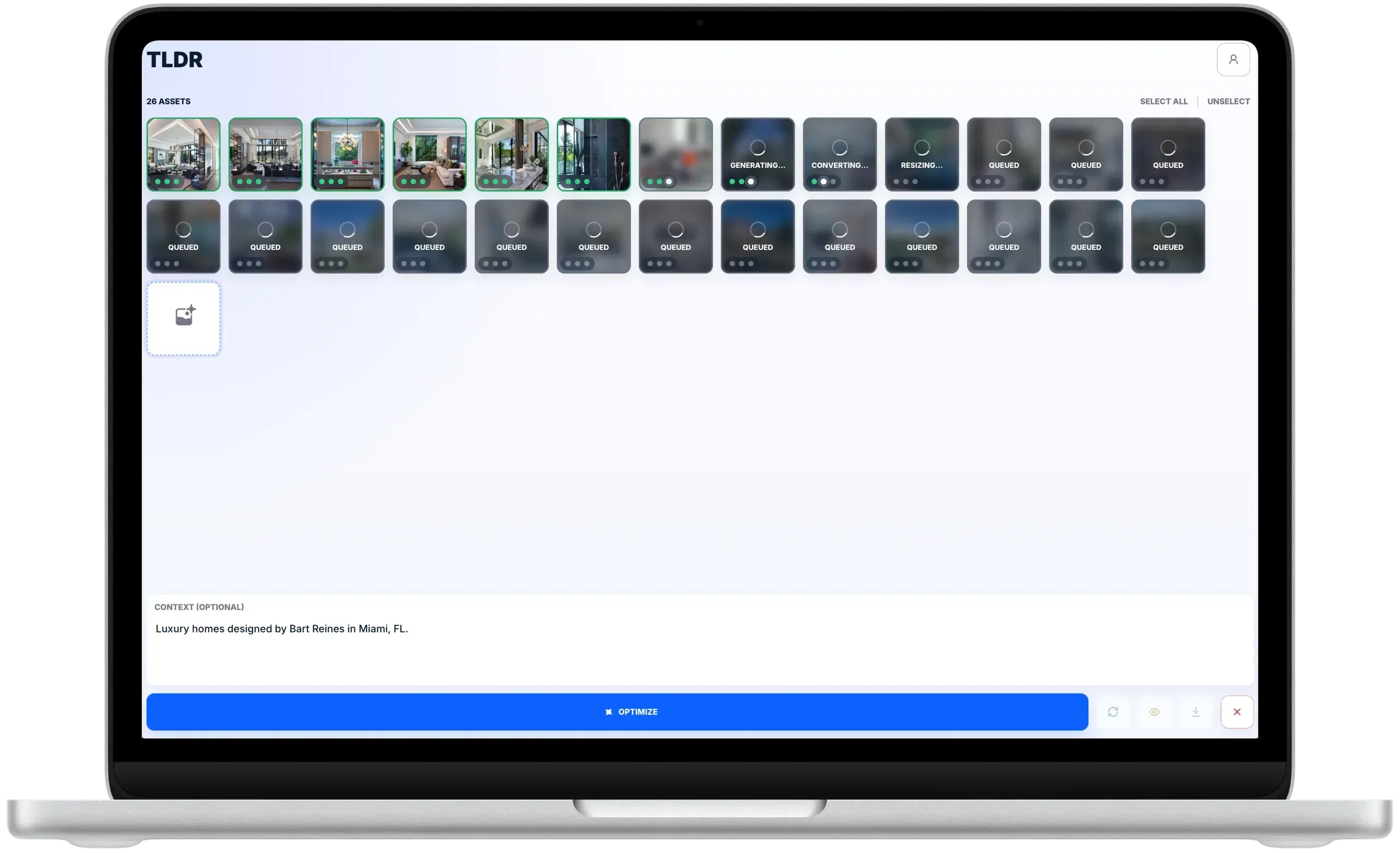 TLDR dashboard displayed on a laptop while image processing and optimization tasks are queued