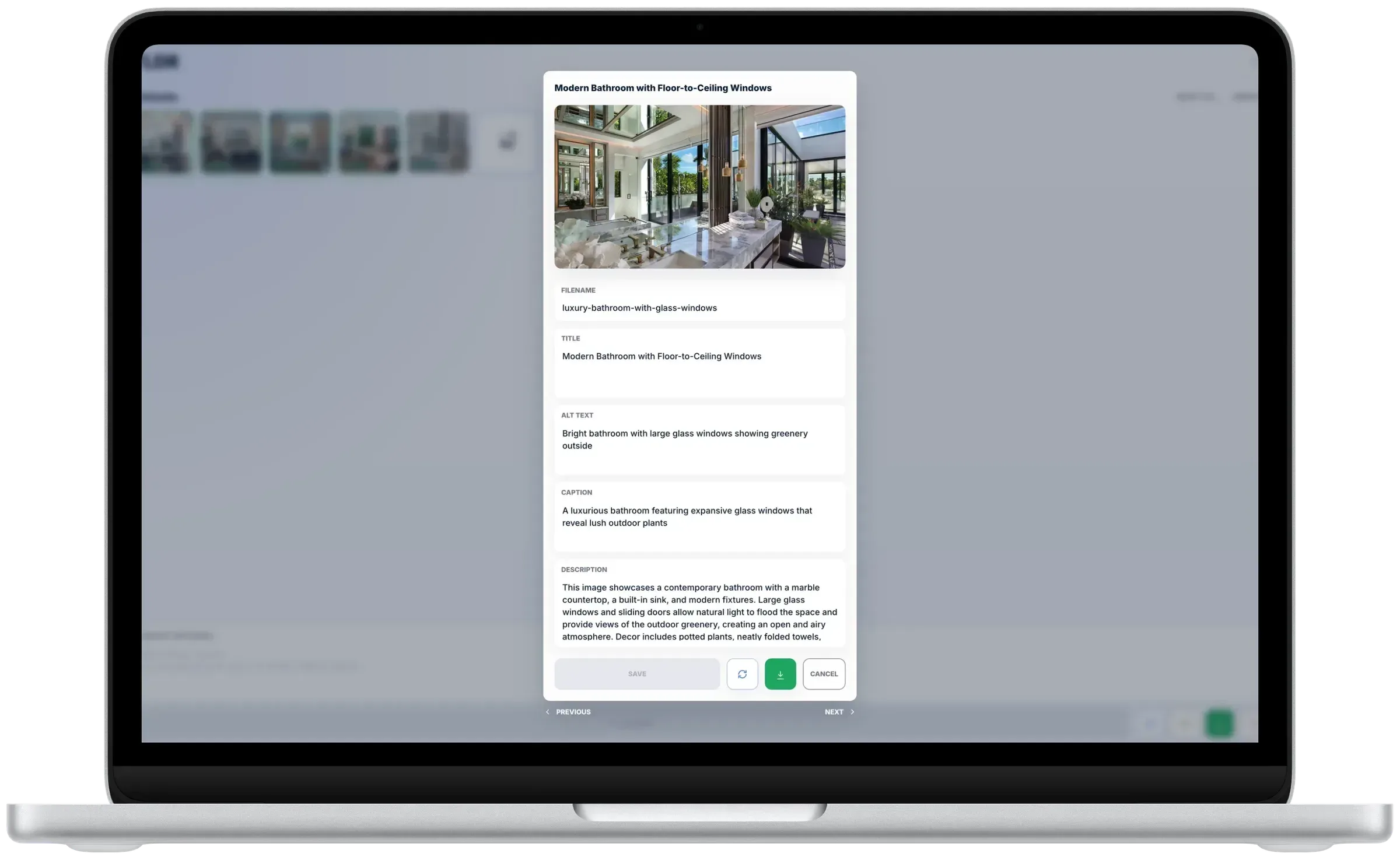 TLDR shown on a laptop with the metadata preview modal open over queued image assets